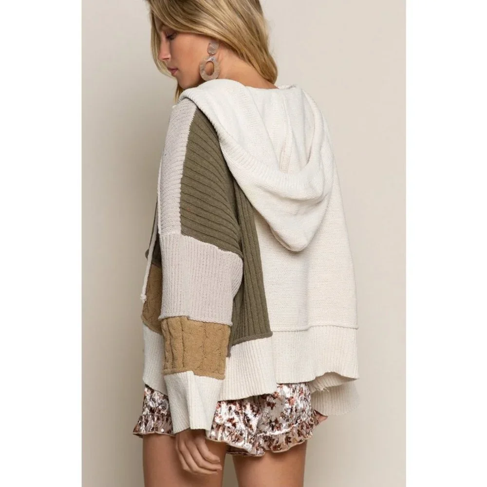 NEW POL Mixed Knit Patch Hoodie Oversized Cozy Soft Color Block Sweater Olive - Picture 7 of 9